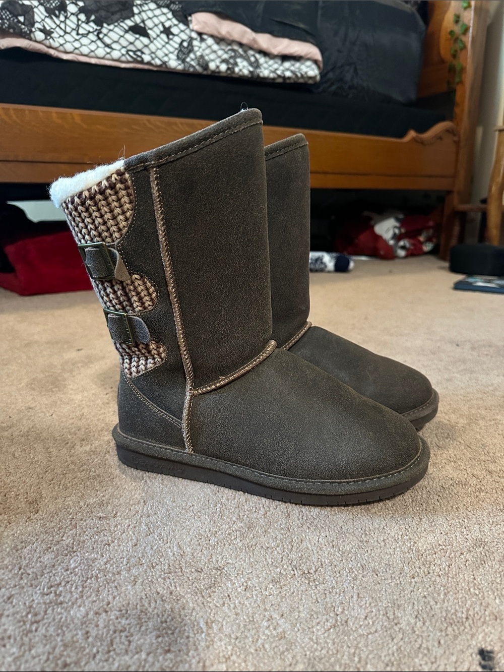 BearPaw Women’s Mid-Calf Faux-Suede Winter Boots in Dark Brown with Knit Accent - Picture 1 of 1